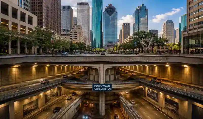 Cross-section of Houston's Downtown Tunnel System connecting office buildings beneath the city's business district.